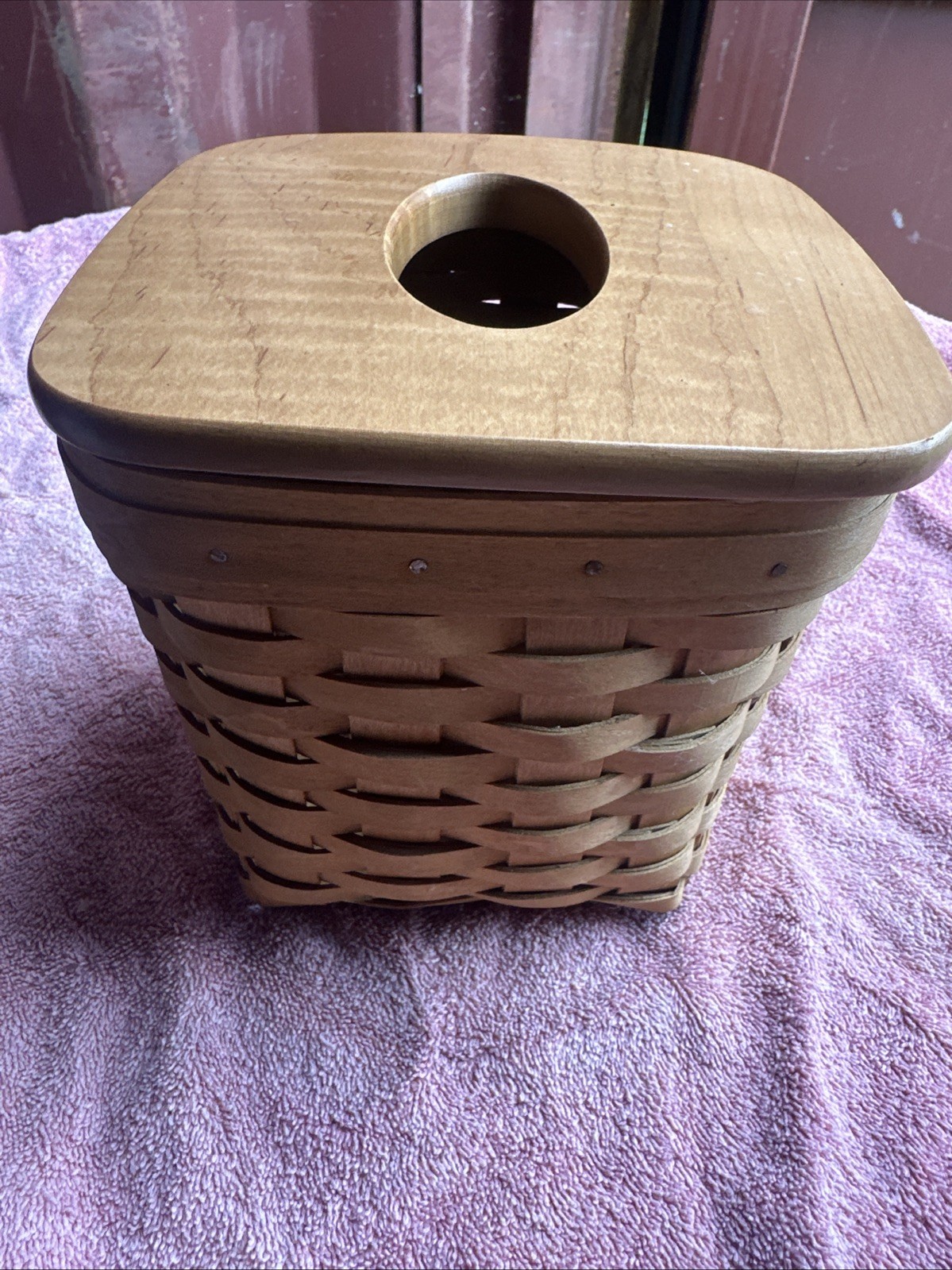 Vintage Longaberger 2004 Wood Tall Tissue Basket, lid and plastic protector.