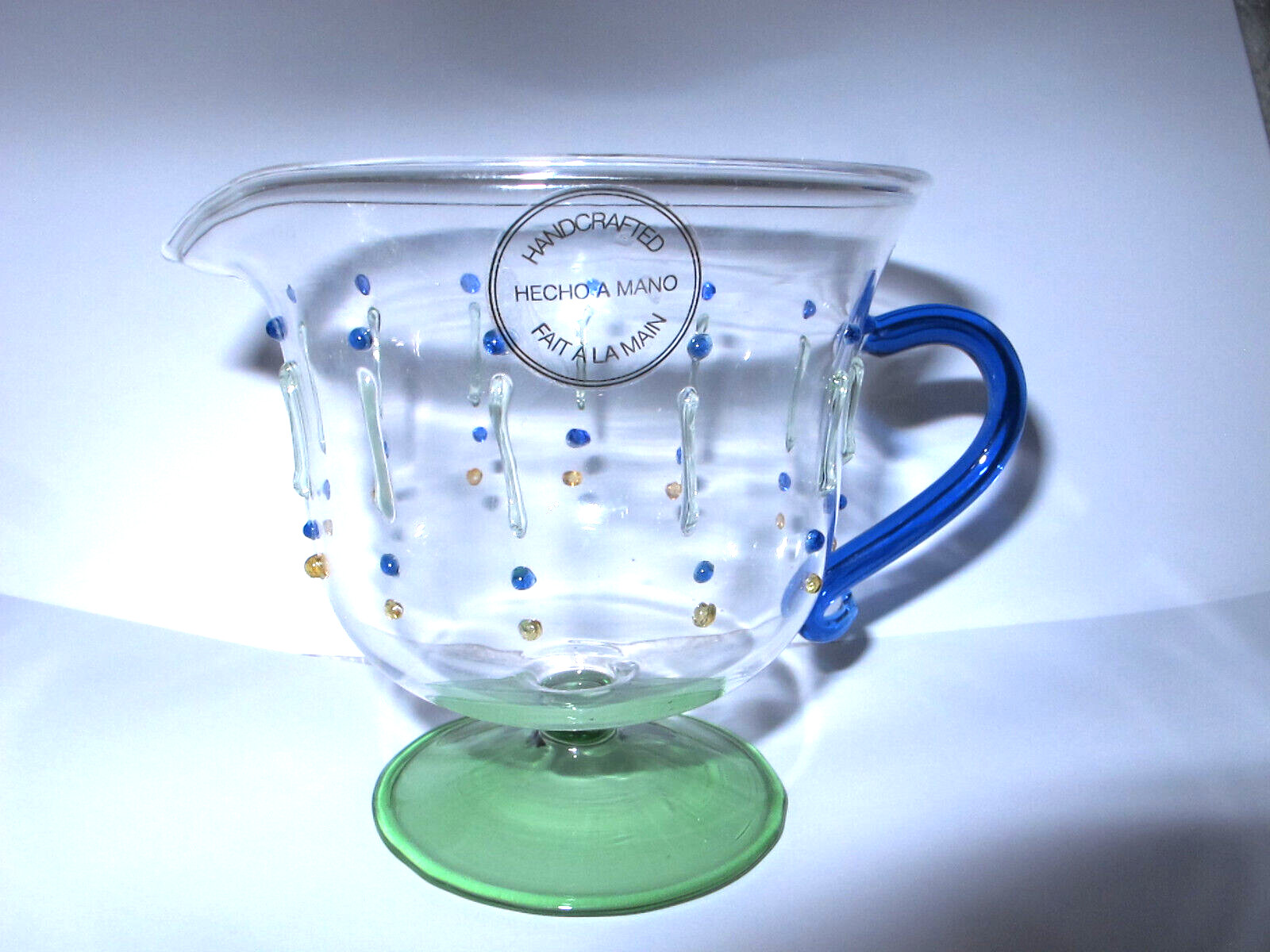 Handcrafted Green Blue Art Glass Pedestal Creamer Pitcher Delicate Hecho a Mano