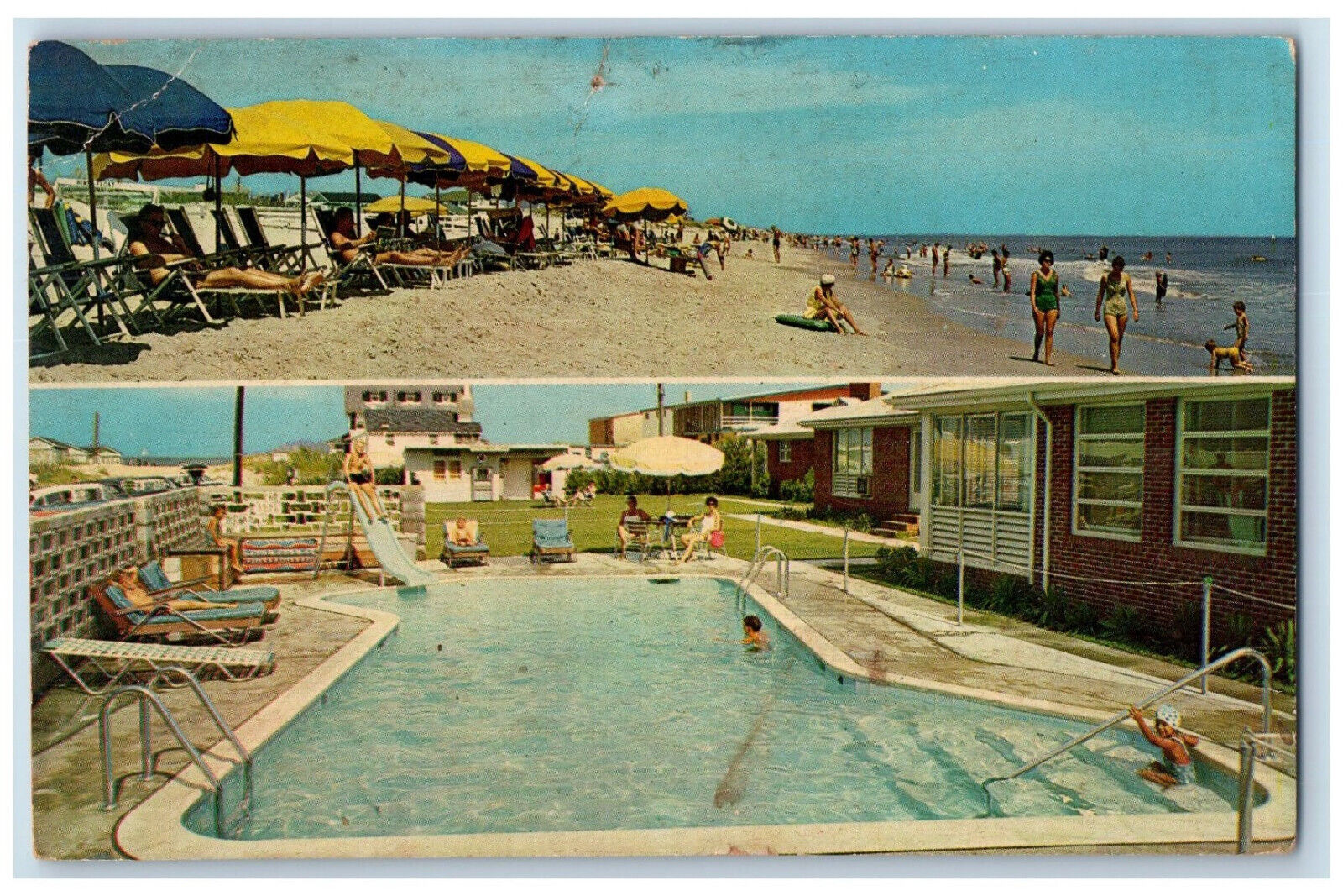 1965 Beach and Pool at The Suntide Motel Virginia Beach VA Multiview Postcard