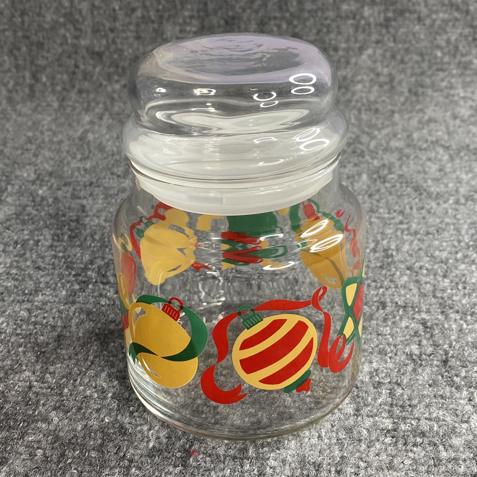 VTG 80s Christmas Glass Storage Jar 6” Ornament Clear Holiday Kitchen Container