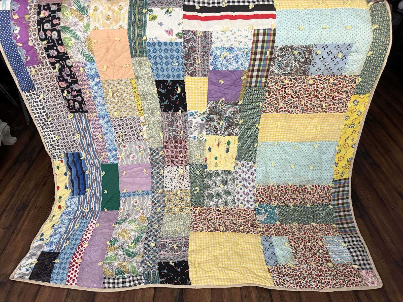 VTG Hand-Made Patchwork Quilt Yarn Tied 64x80 Farmhouse Chickens Cottagecore VTG Hand-Made Patchwork Quilt Yarn Tied 64x80 Farmhouse Chickens Cottagecore