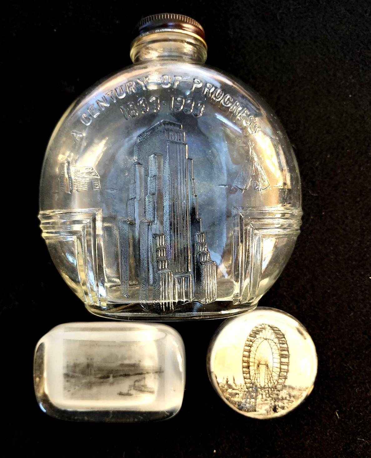 Ant. / Vtg  CHICAGO glass paperweight 1893 & bottle, 1933 World's Fair, lot of 3