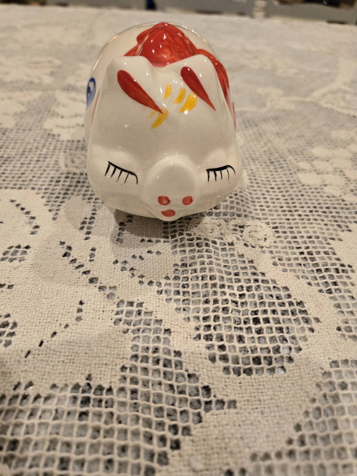 Kitschy Vintage MCM 60s Shawnee Pottery Piggy Bank Red Bow With  Polka Dots 