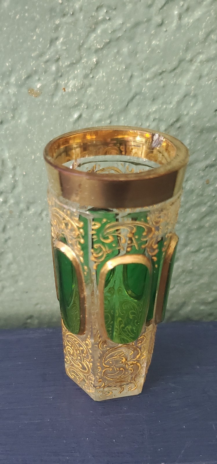 Antique Bohemian/Czech Moser Glass Tumbler/Beaker   Green/Gold  Panels /Damaged