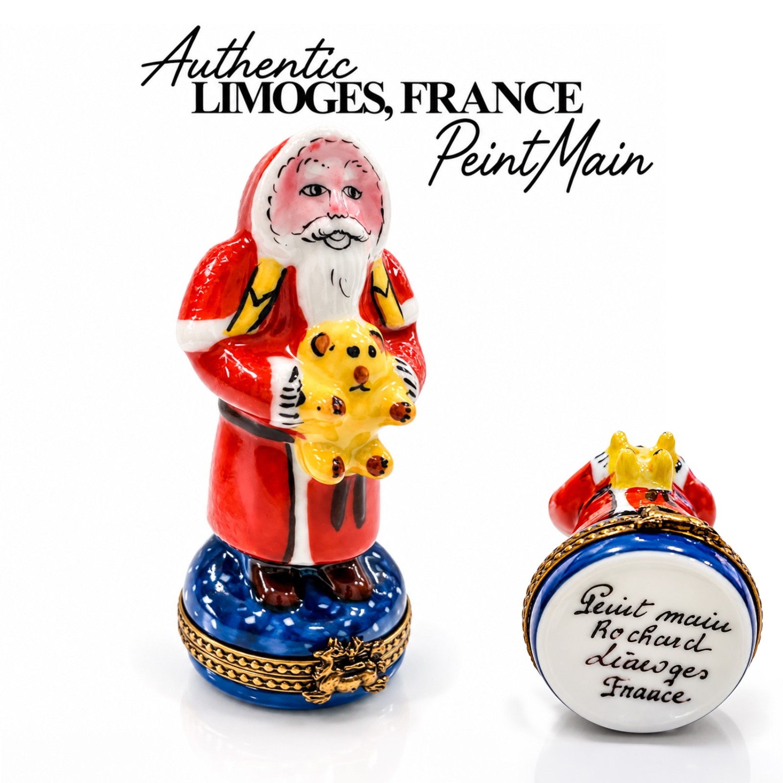 Limoges Peint Main France Rochard Santa Claus Teddy Bear Trinket Box
