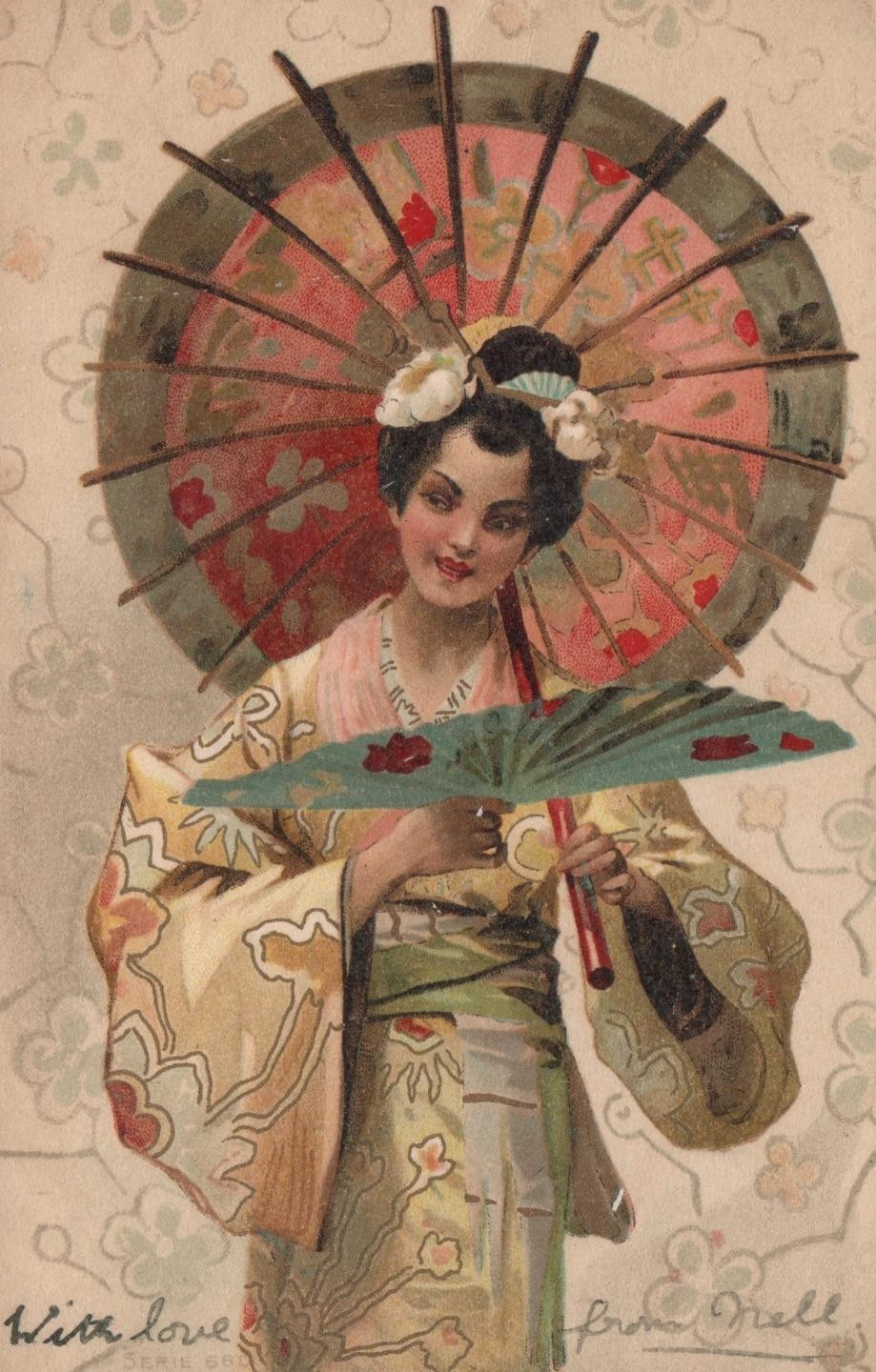1902 Antique Japanese Geisha Fan Parasol Chromolithograph Postcard to Radlett