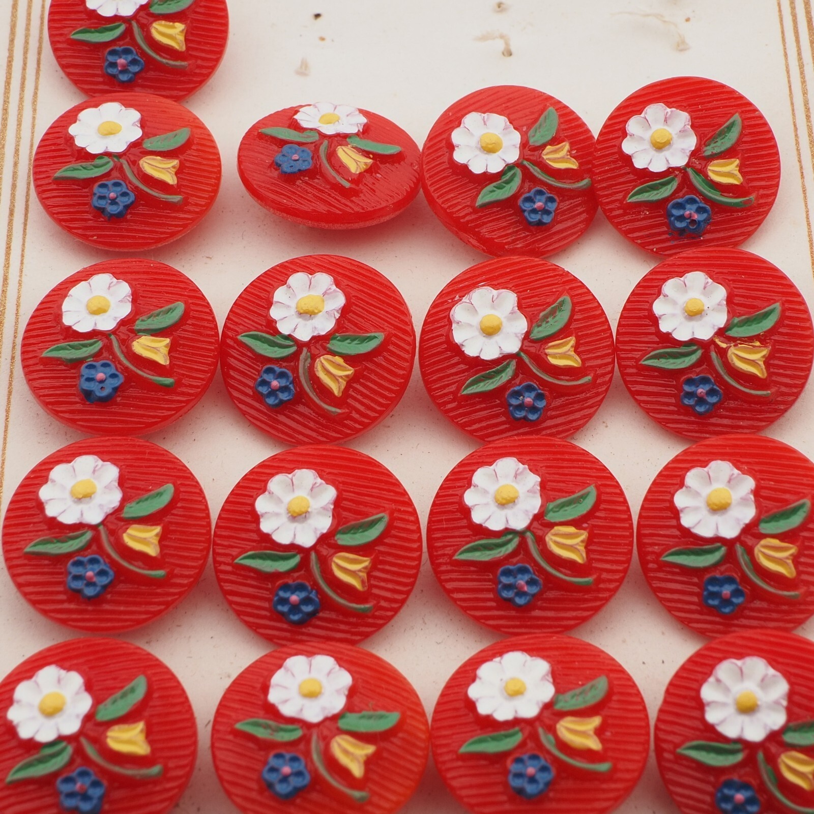 Card (18) Czech vintage hand painted flower red glass buttons 18mm