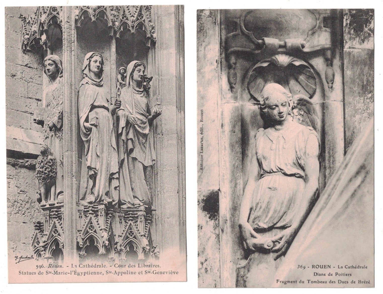2 ANTIQUE 1910 STATUES ON/IN THE CATHEDRALE ROUEN FRANCE POSTCARD