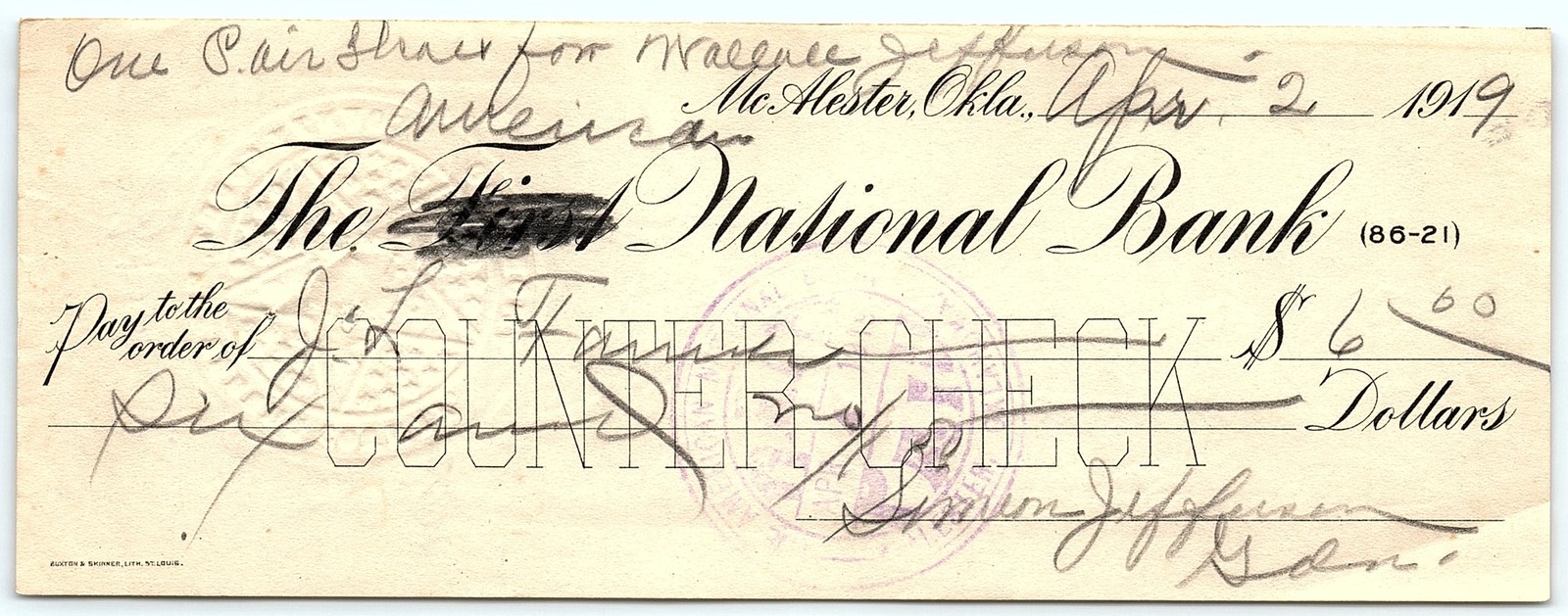 Vintage McAlester OK 1919 Bank Counter Check for $6.60