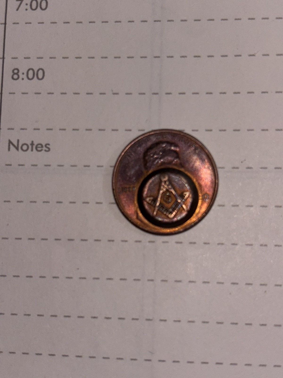 Masonic U S Penny Stamped with Masonic Emblem 1970 S Square And Compass.