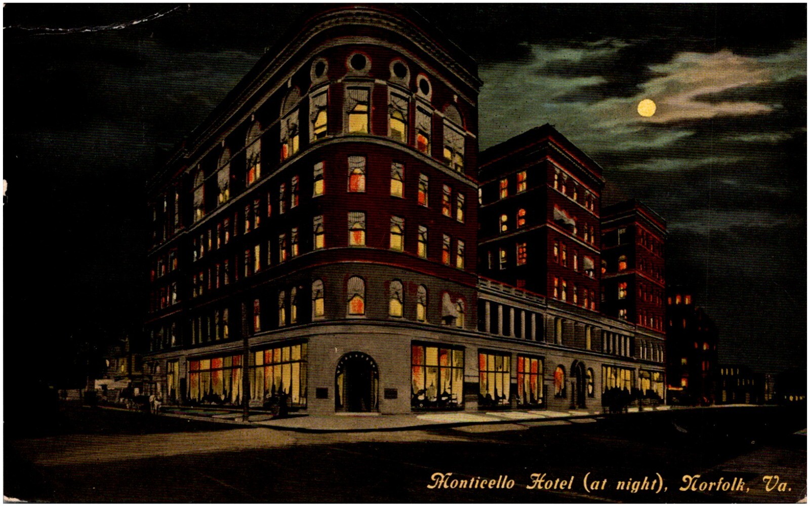 Monticello Hotel at Night Norfolk Virginia VA 1912 Postcard Kaufmann & Sons Monticello Hotel at Night Norfolk Virginia VA 1912 Postcard Kaufmann & Sons