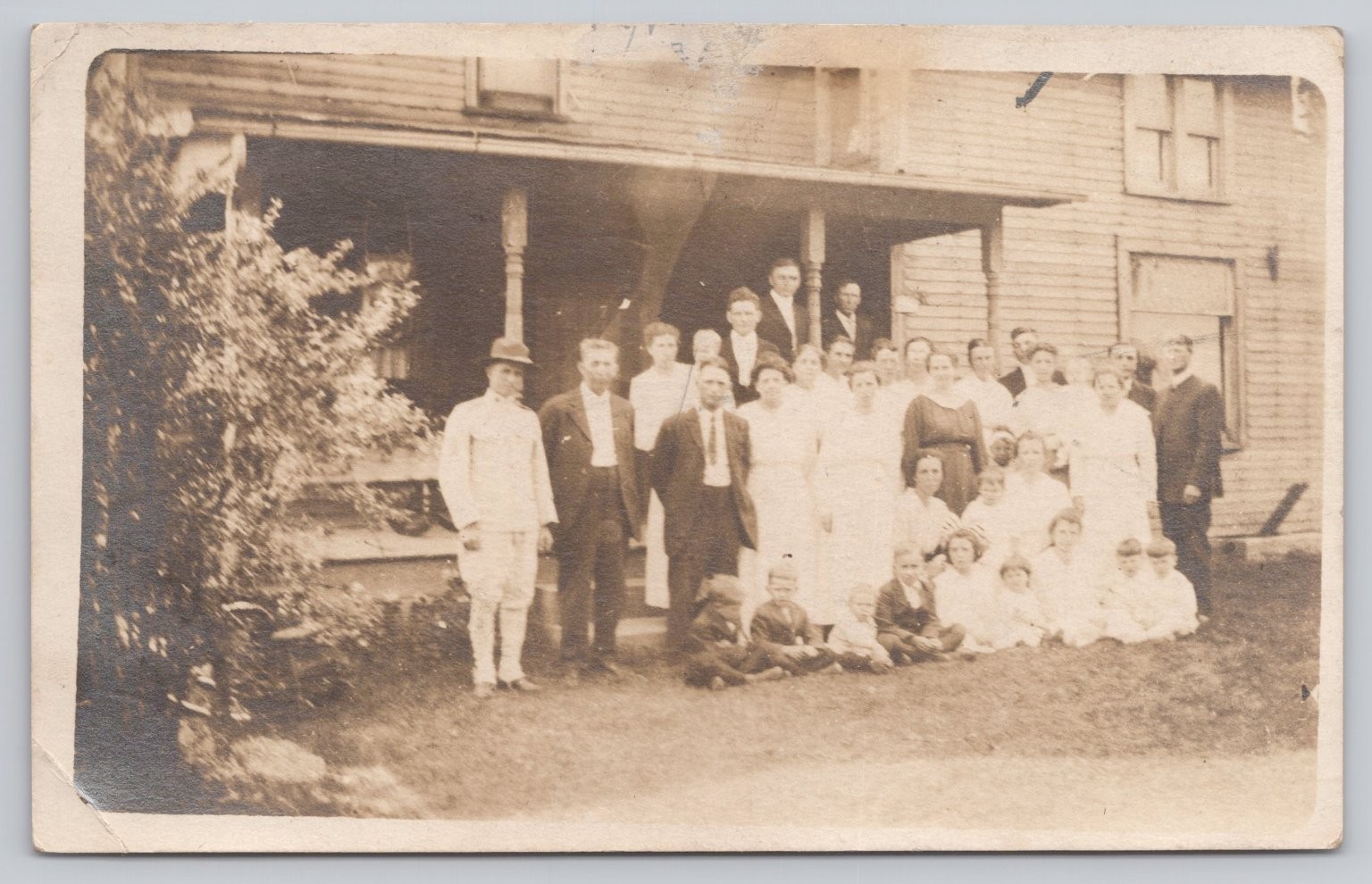 Vintage 1916 Large Family? Group on Porch RPPC Real Photo Postcard AZO