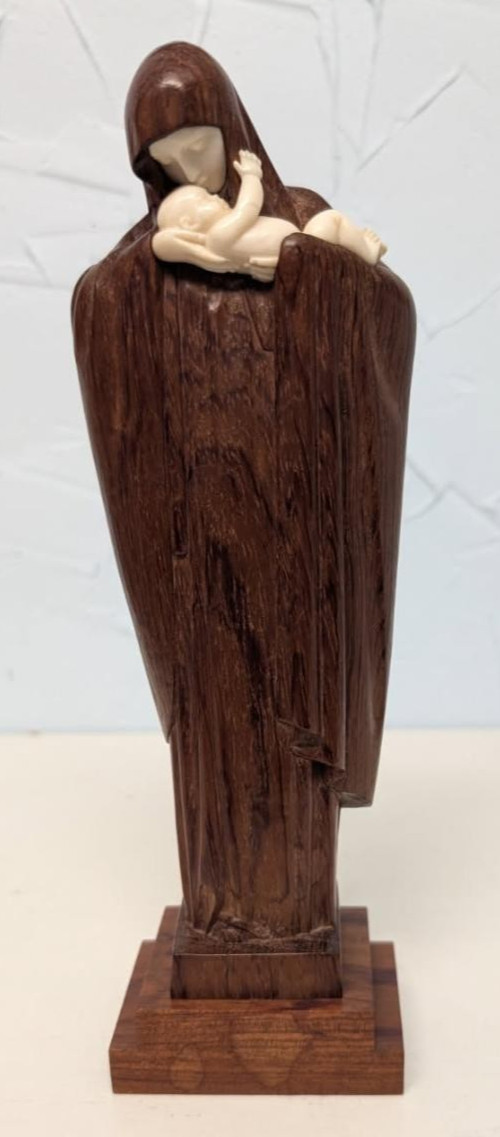 Art Deco Madonna and Child sculpture French Lucienne Hevvelmans signed mahogany