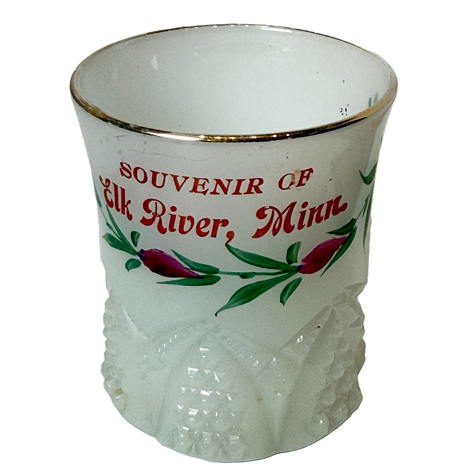 ELK RIVER MINNESOTA MN Antique DEPRESSION WHITE MILK Glass Souvenir Cup ELK RIVER MINNESOTA MN Antique DEPRESSION WHITE MILK Glass Souvenir Cup