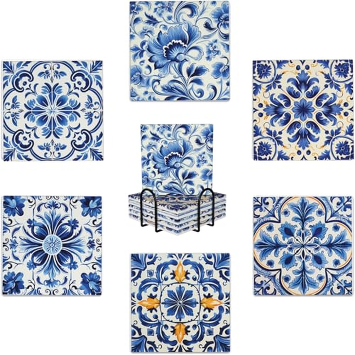 Coasters Set of 6, Coasters for Drinks Absorbent Stone with Holder, Blue and ...