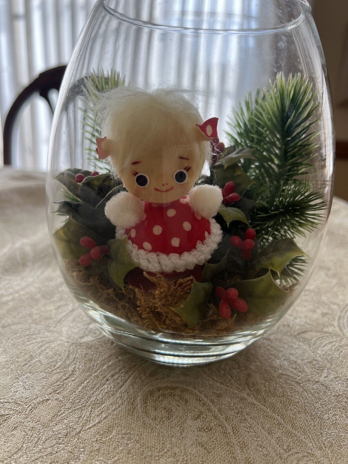 Vintage Christmas floral Little Girl Inside Terrarium glass Holly