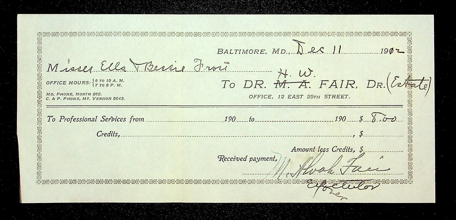 c.1910s DR H.W. FAIR / M.A. FAIR BALTIMORE, MD Ephemera Billhead