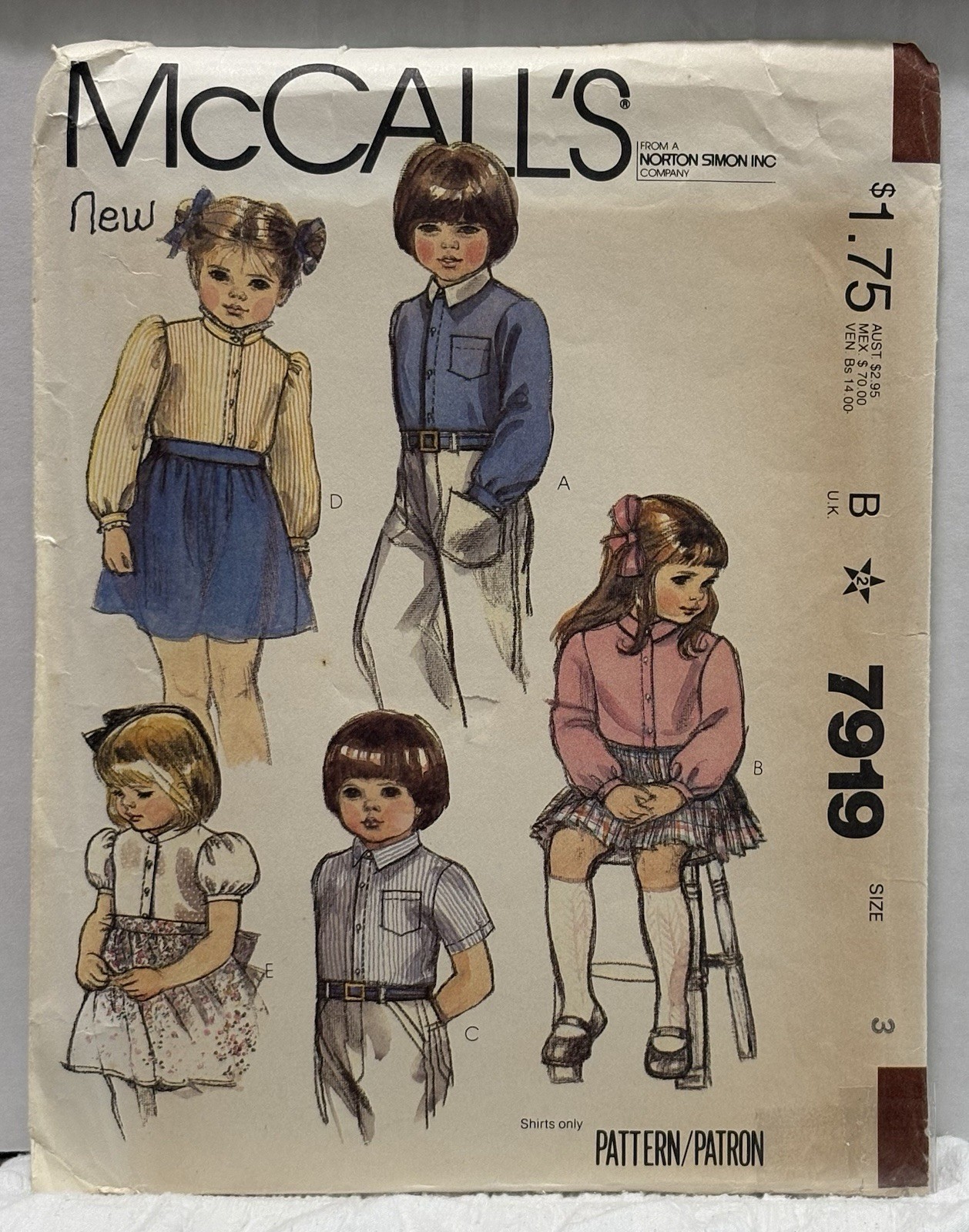McCall’s 7919 Size 3 Shirt VINTAGE PREOWNED NEW UNUSED McCall’s 7919 Size 3 Shirt VINTAGE PREOWNED NEW UNUSED