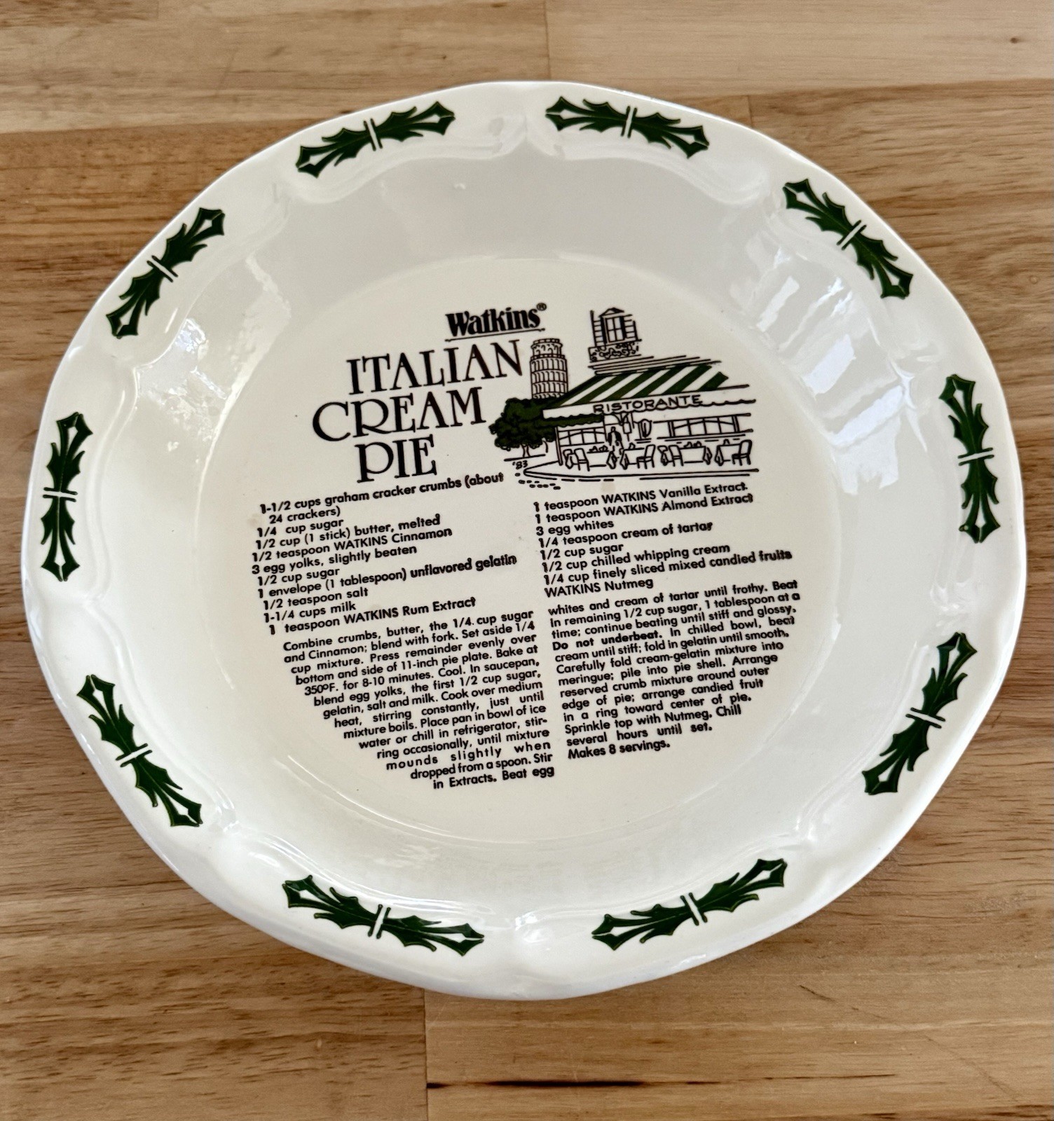 Watkins Italian Cream Pie 1983 Ceramic Pie Dish 11” Microwave /Oven Safe
