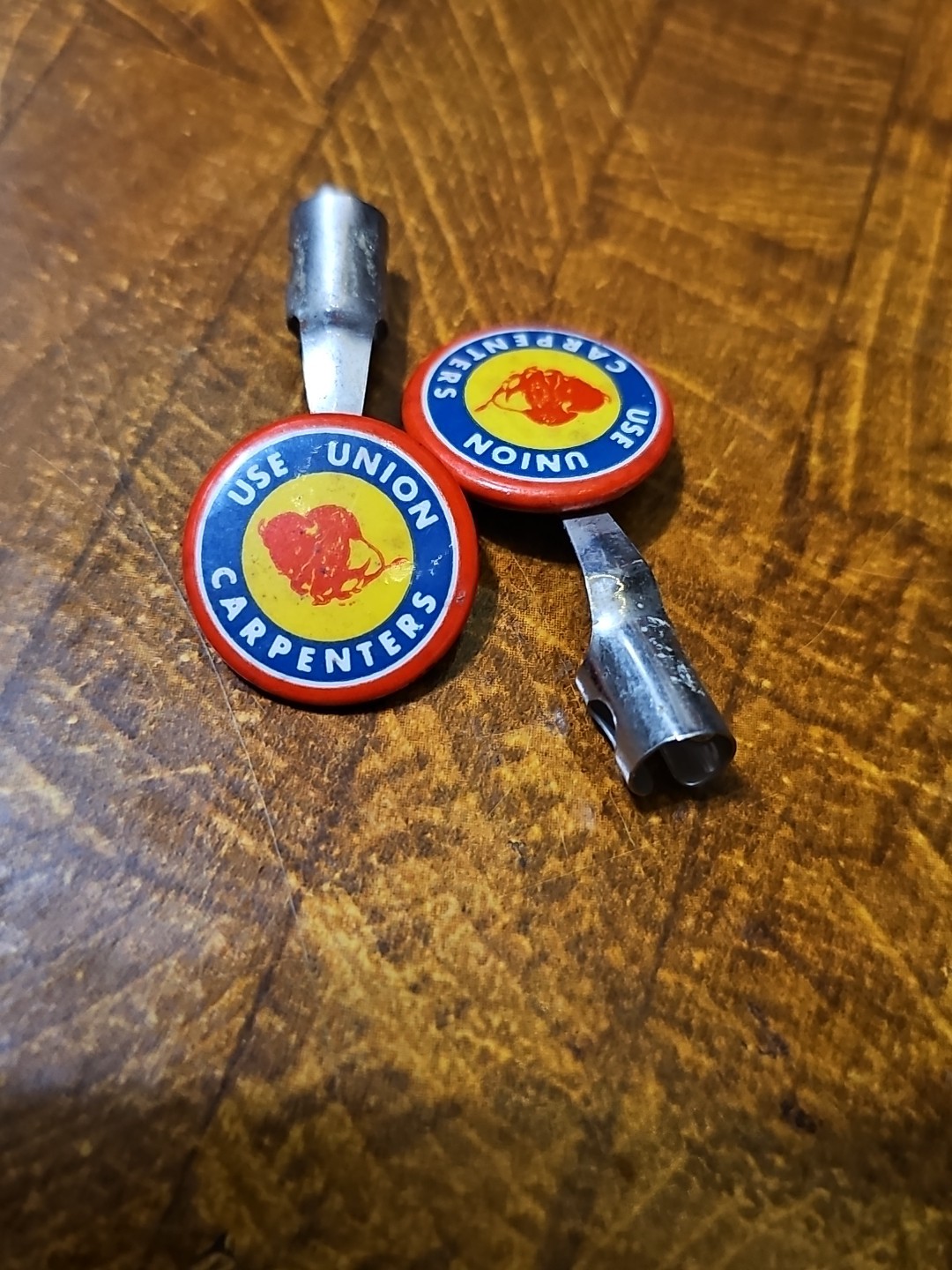 2 Tin UNION Label Button Tab Pencil Clip Buffalo Use Union Carpenters Vintage