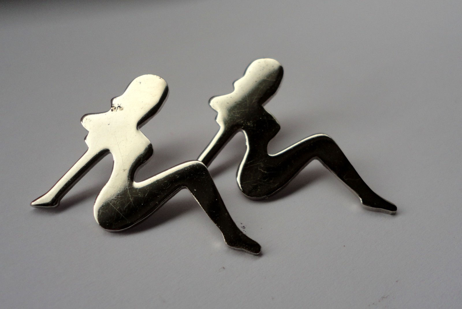 Used Pair Mudflap Girl Pin Badges Silver Tone Reclining Lady Trucker Lapel Pins
