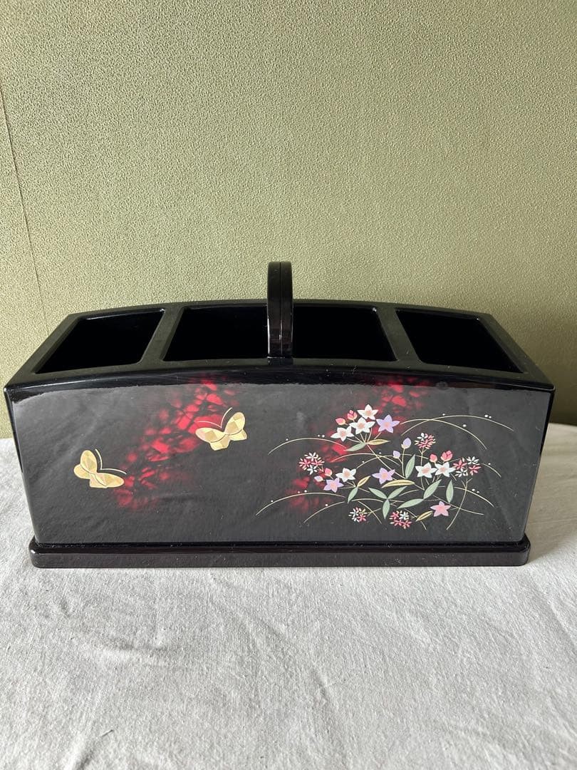 Kishu Nuri Lacquerware Item Box Butterfly Flower Showa Retro 12x28x10 cm