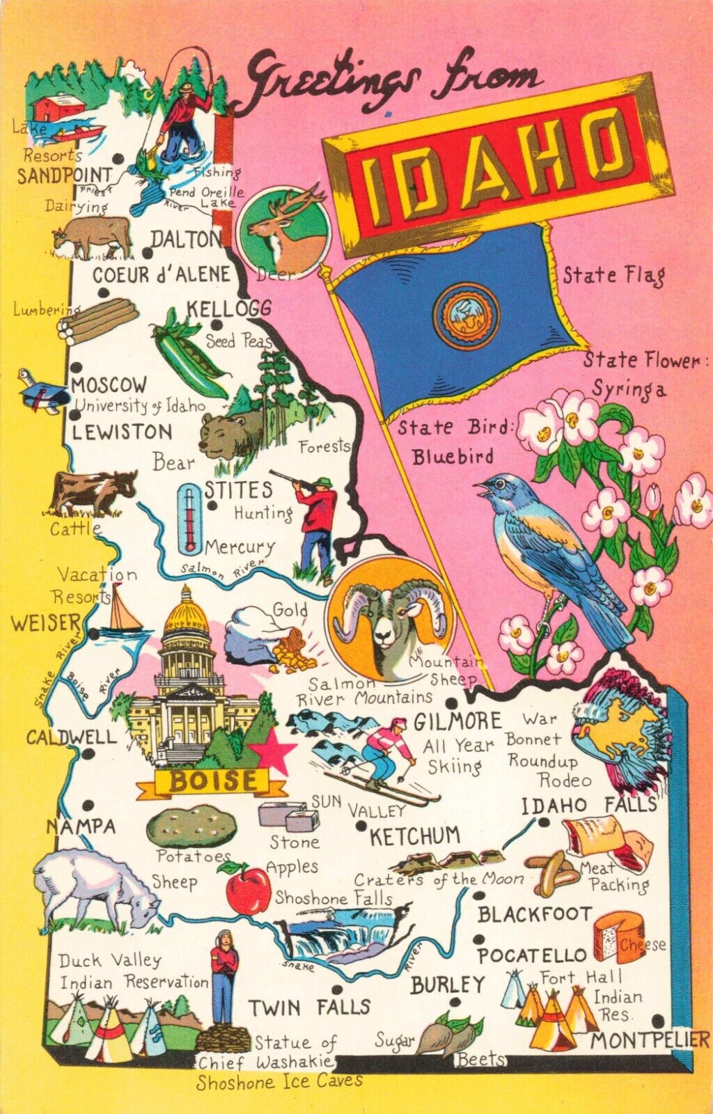 Greetings from Idaho, Map of Landmarks & Attractions, Vintage Postcard