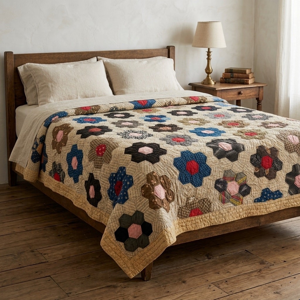 Vintage Handmade Patchwork Grandmother\'s Flower Garden Pattern Quilt 192x170cm