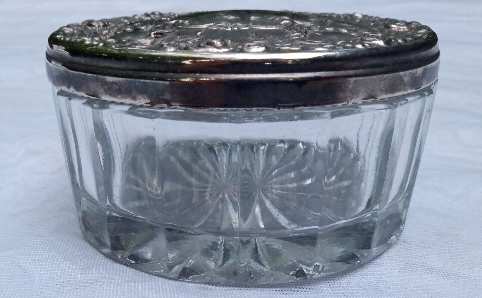 Antique Cut Glass Powder Jar with Embossed Metal Lid Vintage Vanity Jar