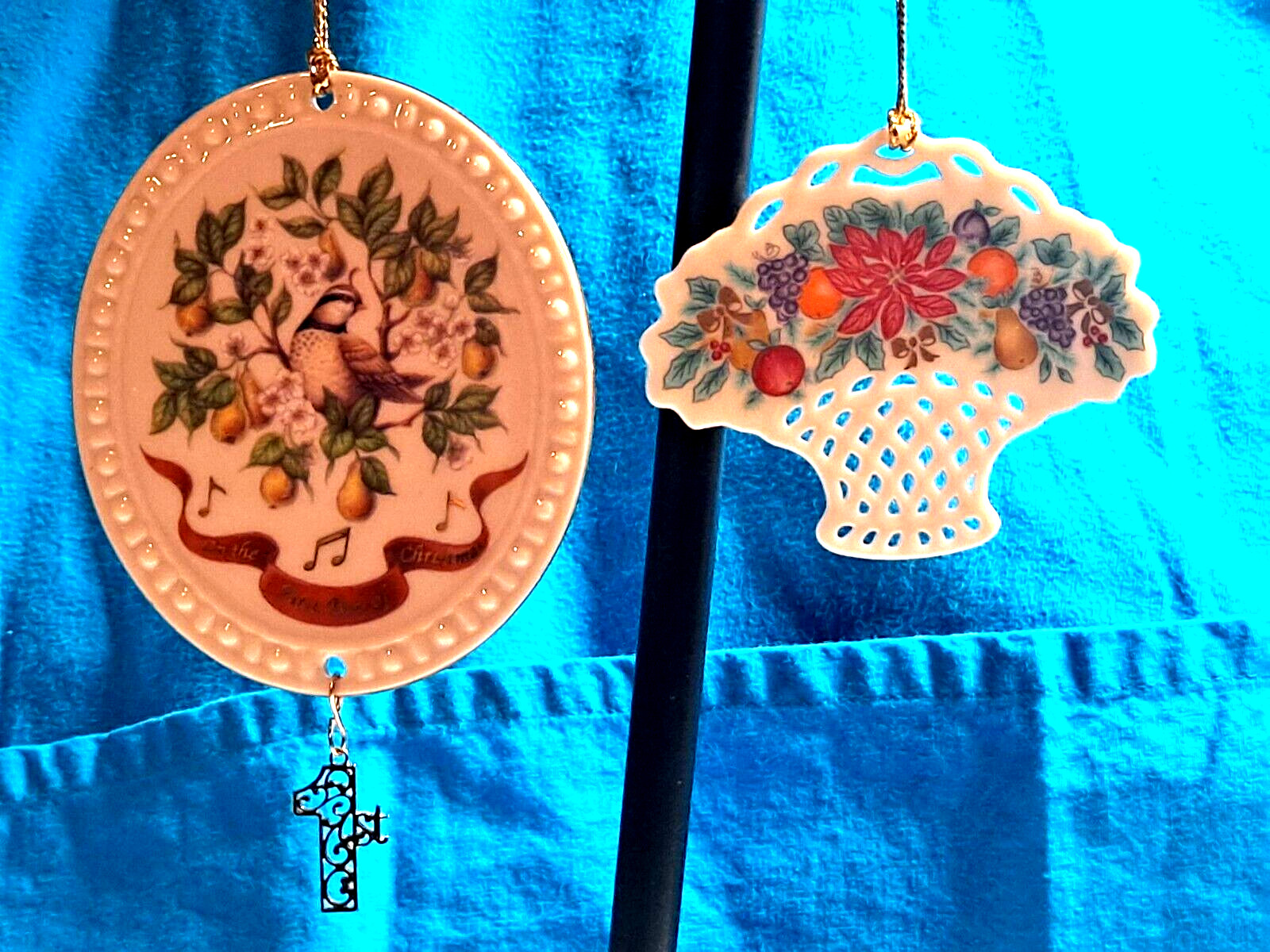 2 LENOX Christmas Ornaments Vintage Partridge in a Pear Tree and Lace Basket