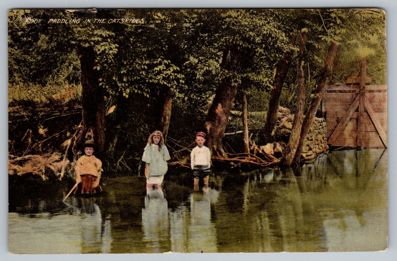 Catskills NY 1909 Postcard Children Paddling In River Lake  Hand-Tinted