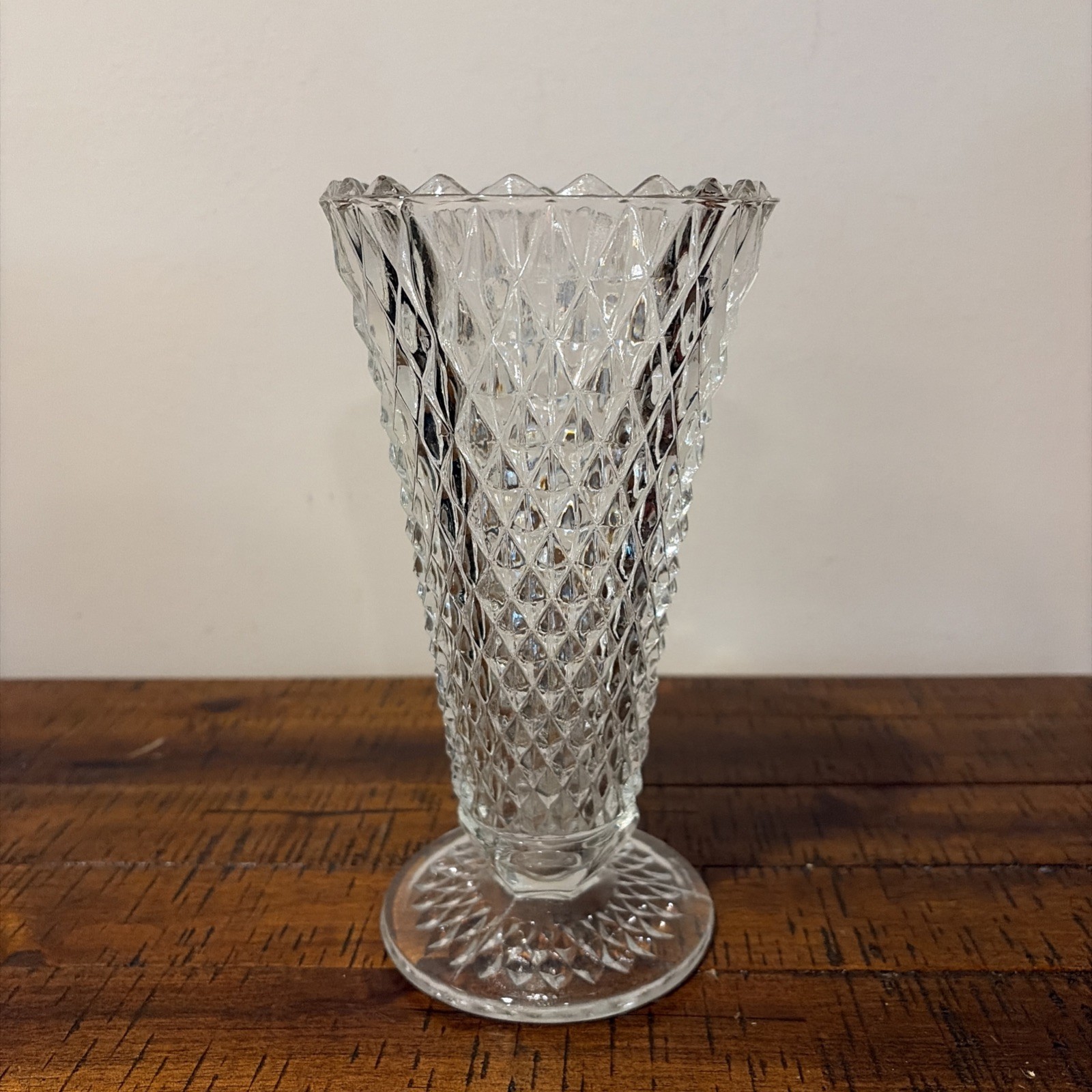 VTG Indiana Glass Clean Diamond Cut Vase Pressed Floral Design Footed Base VTG Indiana Glass Clean Diamond Cut Vase Pressed Floral Design Footed Base
