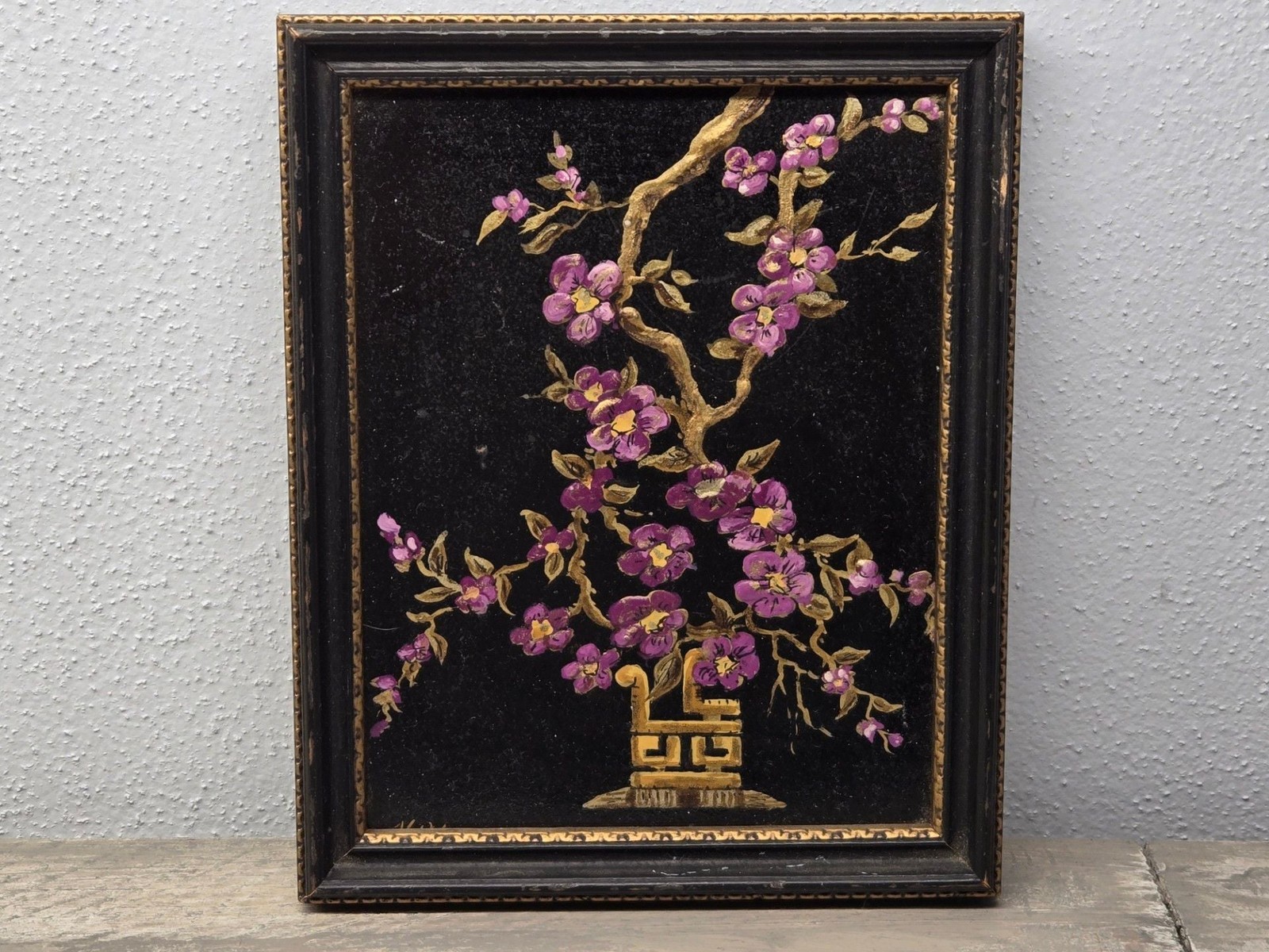 Vintage Framed Chinese Black Lacquer and Gold Leaf Floral Cherry Blossom Art