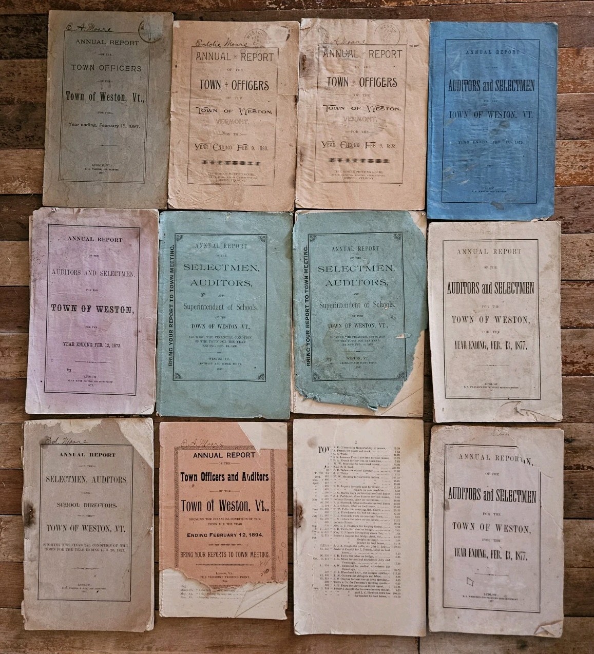 RARE LOT Of 12 1880s : Annual Reports Selectmen Auditors Town of WESTON VERMONT