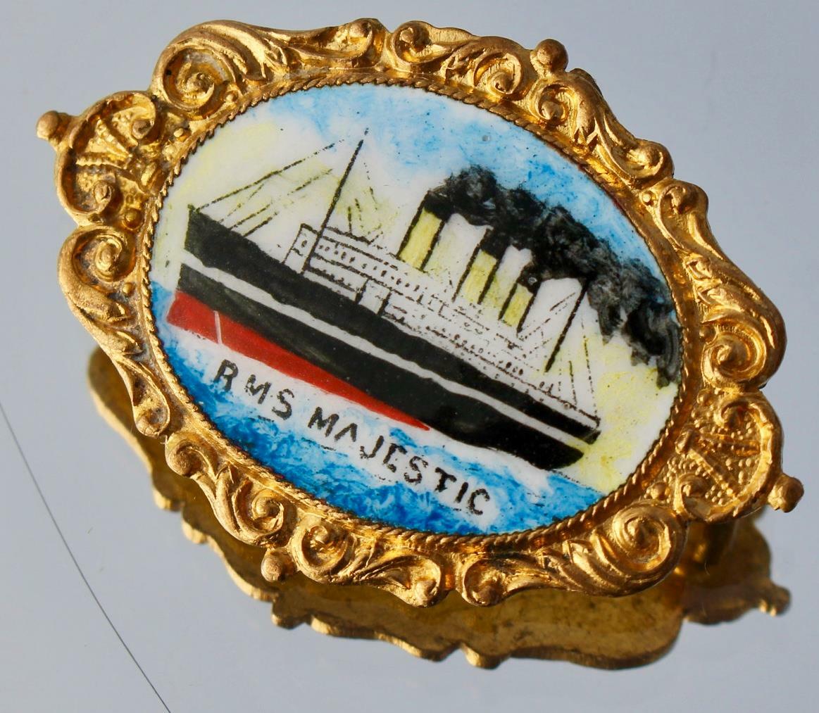 WHITE STAR LINE RMS MAJESTIC BARBERS SHOP FINE GILT HAND PAINTED BADGE C-1920'S