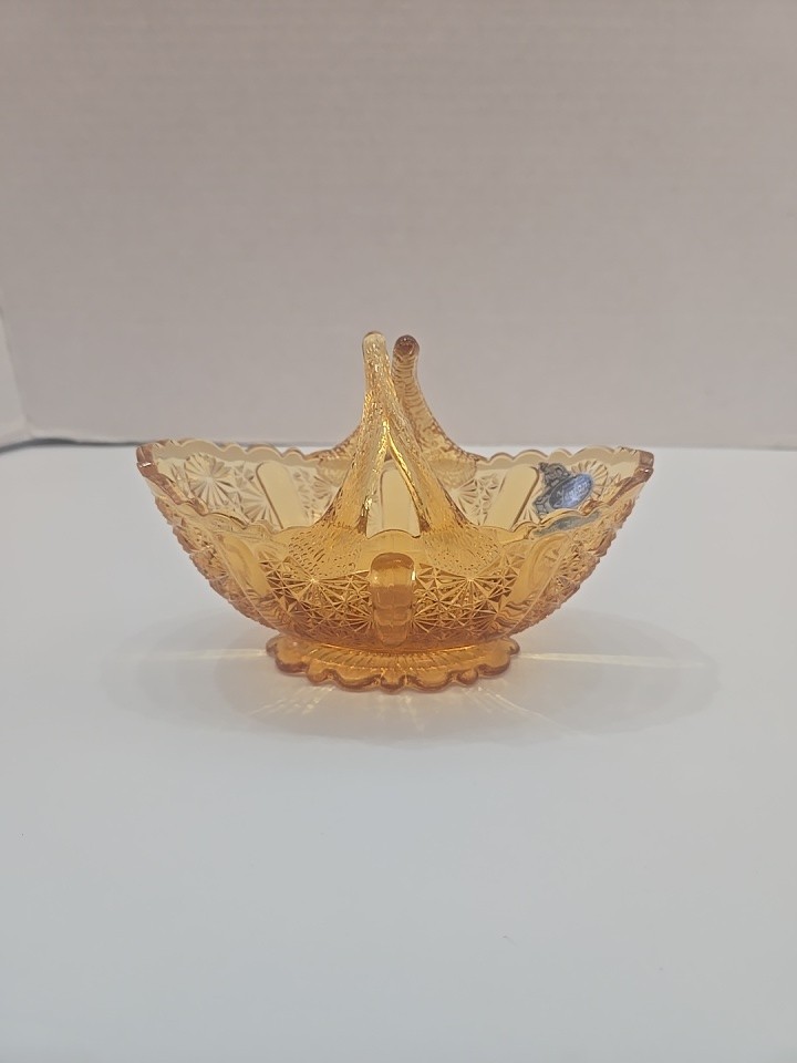 Vintage Fenton Amberina Basket with Split Handle Daisy and Button Design 