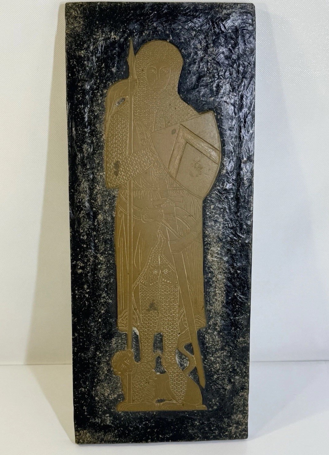 Vtg Brass Rubbing Plate Plaque Sir John D’Aubernoun Wood Mounted