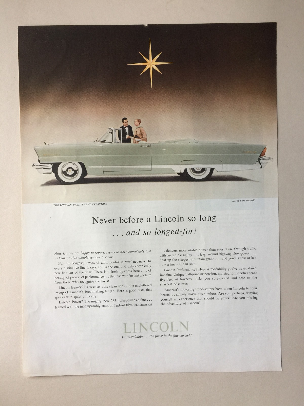 Vintage 1956 Lincoln  Convertible Auto Ad  From  Magazine  13-3/4\