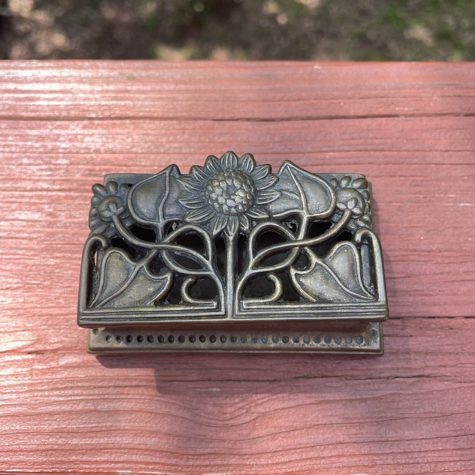 Antique Art Nouveau Solid Brass Stamp Box Heavy