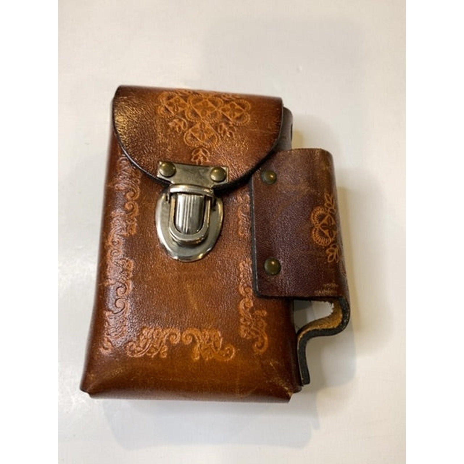 Vintage Tooled Leather Cigarette and Lighter Case Belt Loop Clasp
