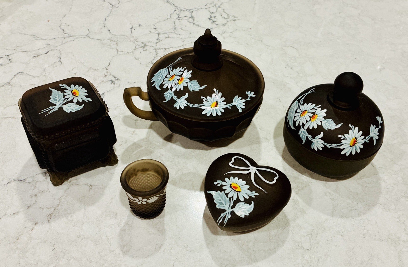 Vintage 5 piece WESTMORELAND Brown Mist Glass Trinket Dishes Hand Painted