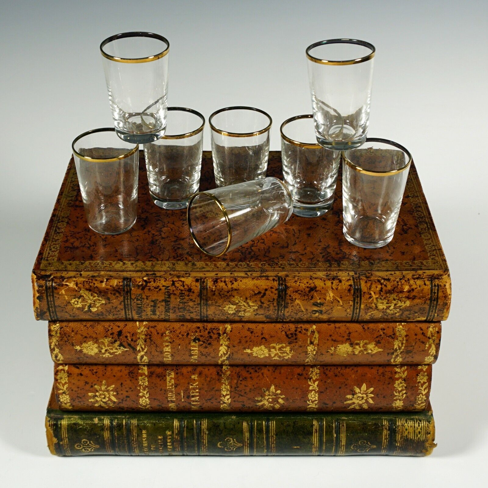 French Liquor Caddy Tantalus Box, Cordial Shot Glasses Set, Trompe l’Oeil Books 