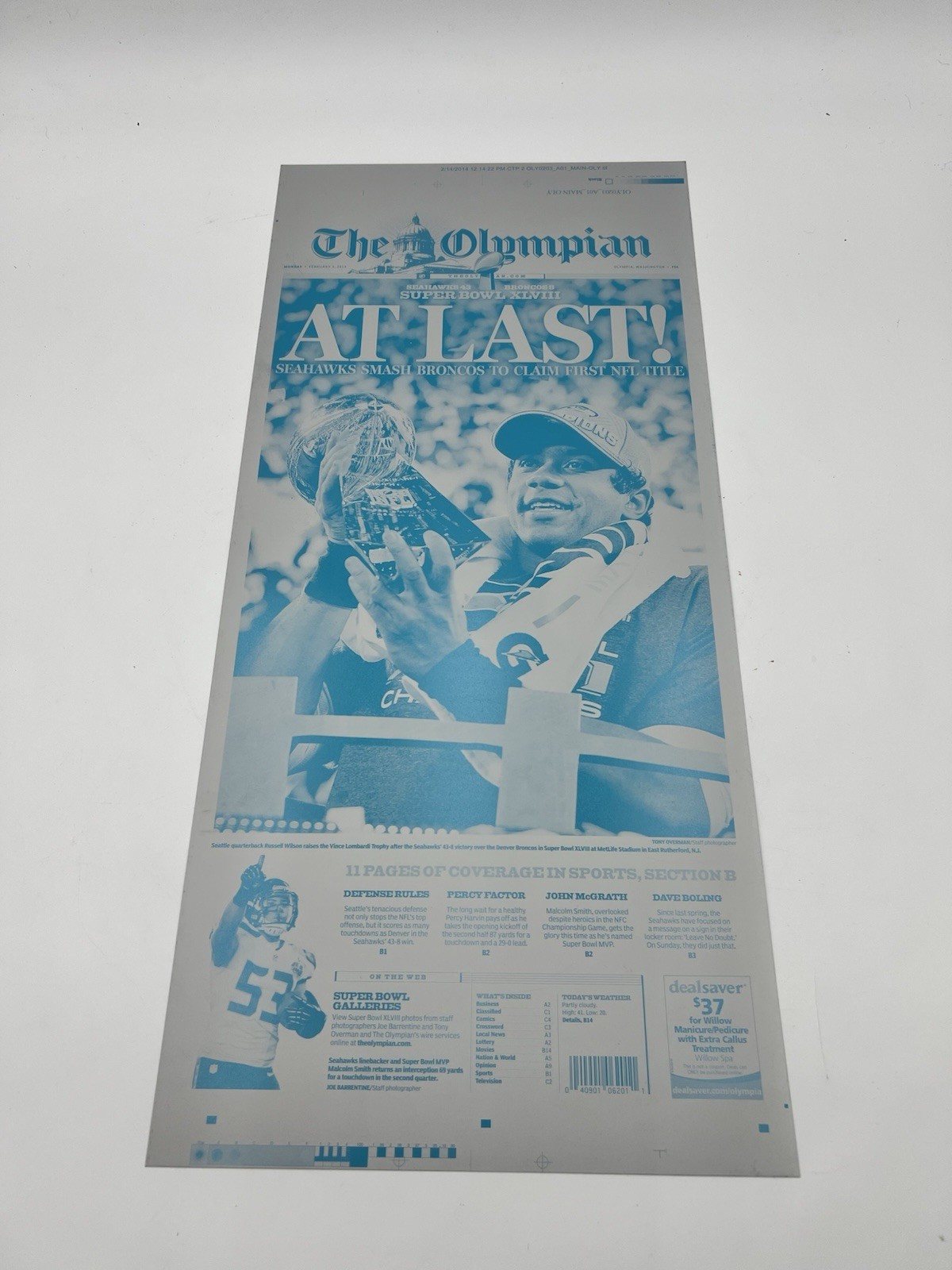 Seattle Seahawks 2014 Super Bowl The Olympian Newspaper Printing Press Plate