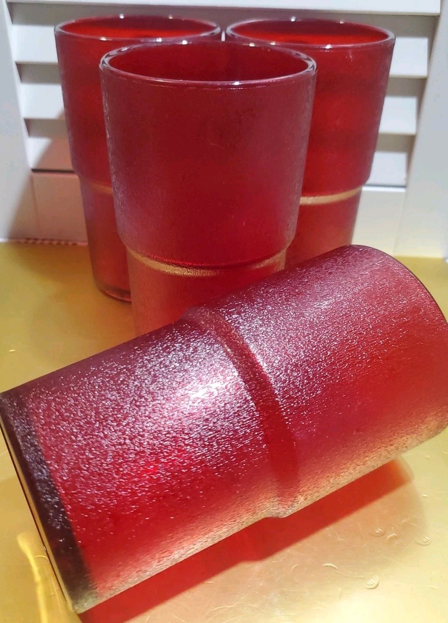 VTG HJ Stotter Red Acrylic Frosted Ice Texture Tumblers Set 4 Patio MCM 5-1/8