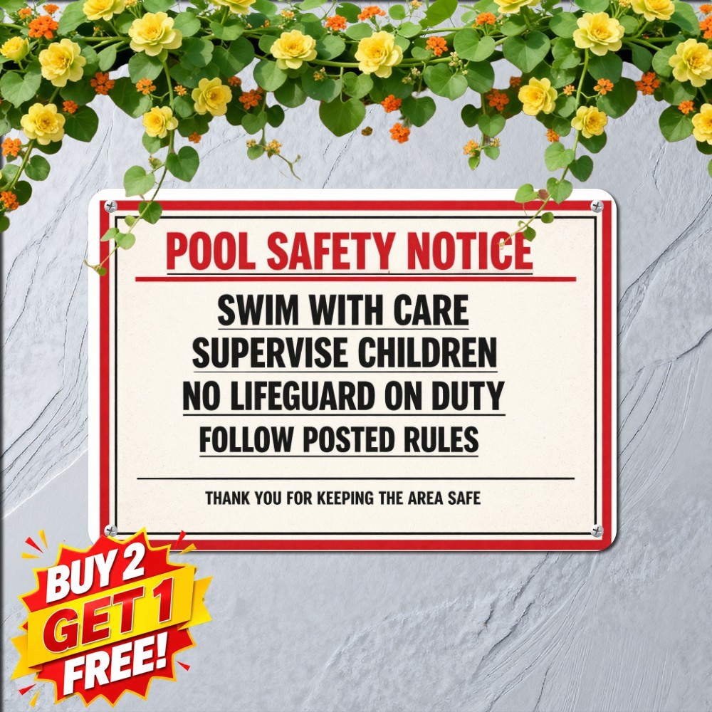 Pool At Own Risk No Lifeguard On Duty Warning Metal Tin Sign Plaque 8x12