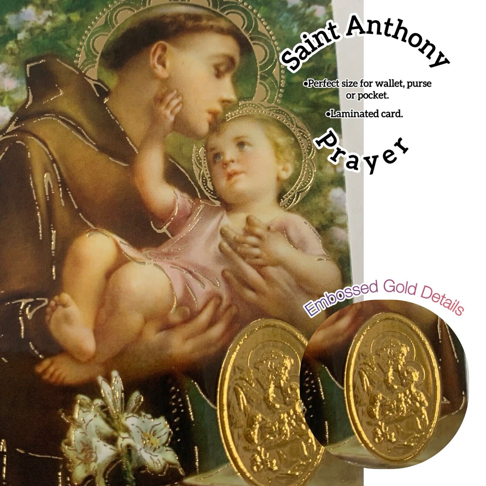Prayer To Saint Anthony Holy Card- (3-pack)-Gold Embossed-Laminated Wallet-Size