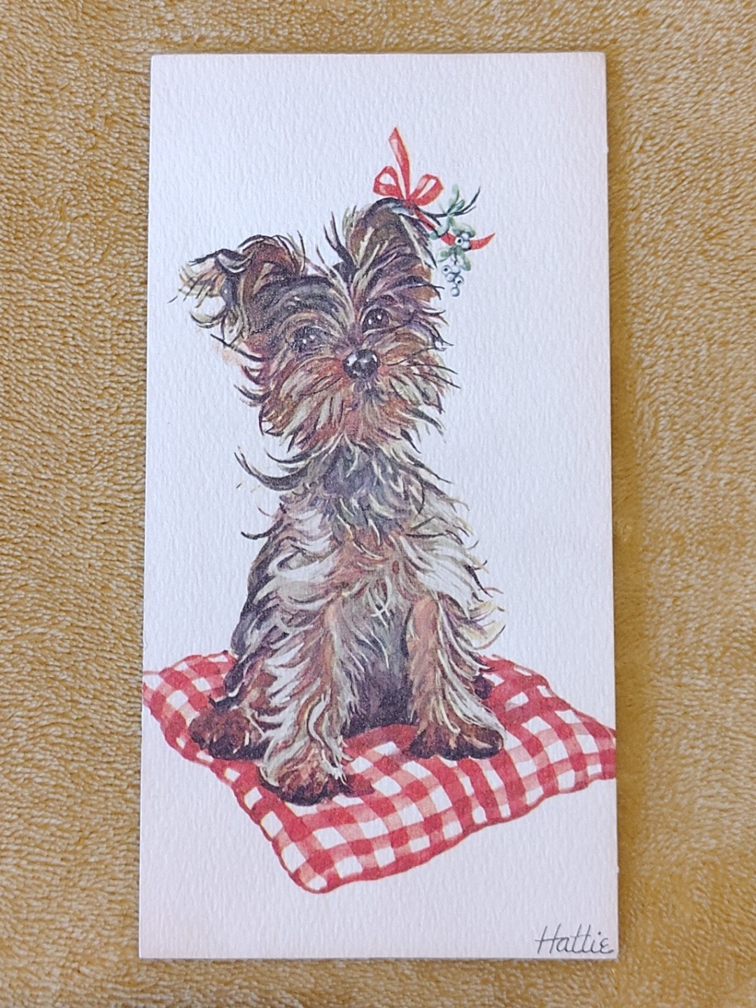 Vintage Hattie Christmas Card Yorkie Dog on Red Gingham Pillow Kristin Elliott 