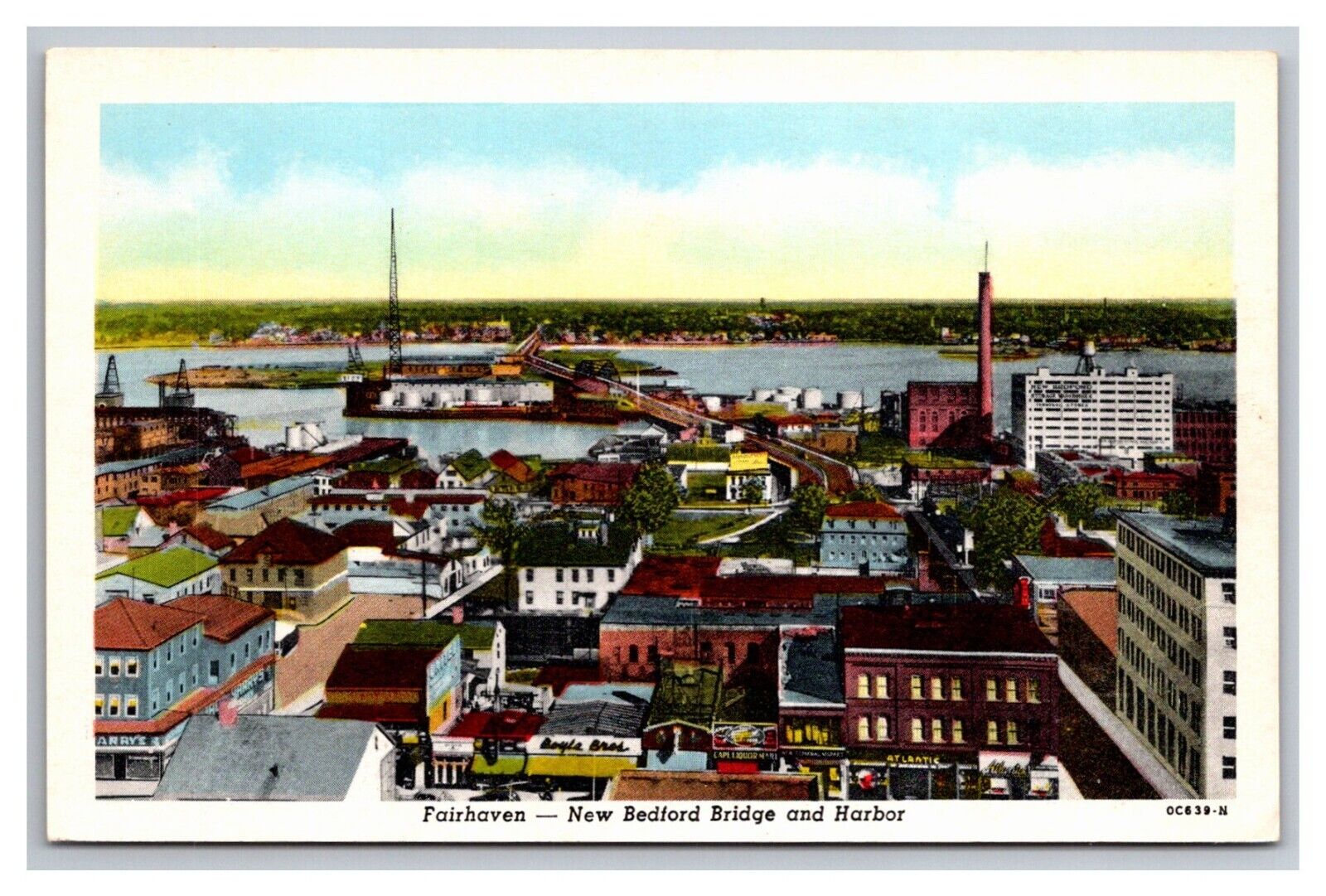 Postcard Fairhaven Massachusetts New Bedford and Bridge Birds Eye
