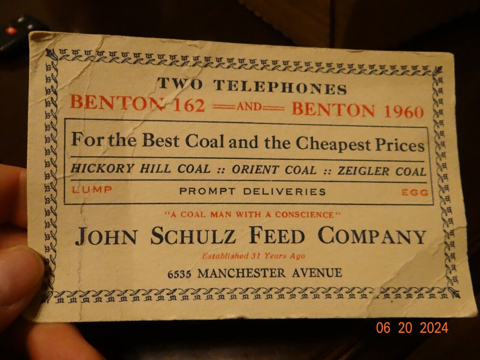 Vintage Advertising Ink Blotter John Schulz Feed Co St Louis Best Coal