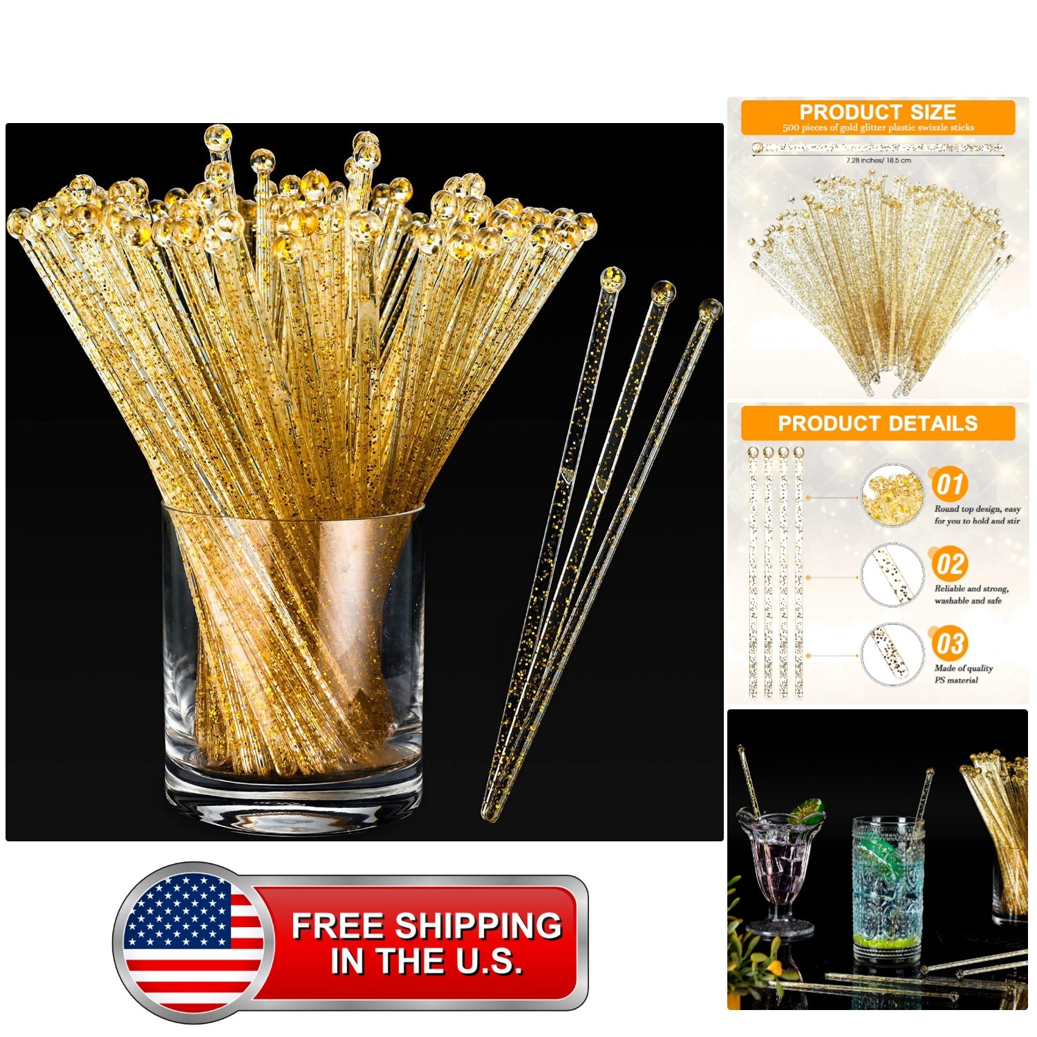 500 Pcs Gold Glitter Plastic Swizzle Sticks Crystal Cake Pops Disposable Cock...